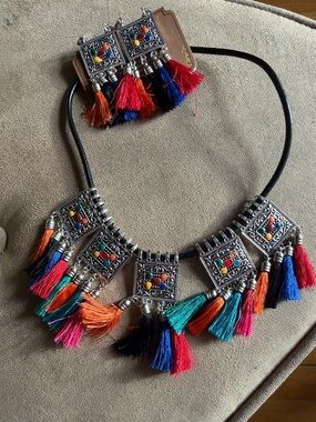 Boho Multicolor Tassel Statement Necklace and Earring Set